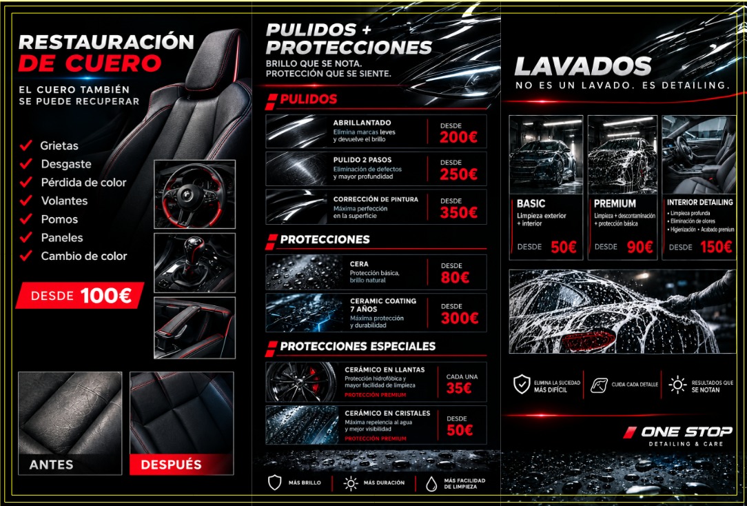 Folleto de servicios de detallado: restauración de cuero, pulidos, protecciones y lavados. (1/2)